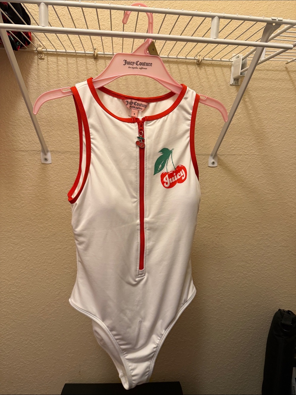 Juicy Couture White One-Piece with Red Trim and Cherry Patch